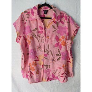 AVENUE Ladies Blouse Pink 100%Linen floral Sequins Beads Short Sleeve Plus 22/24